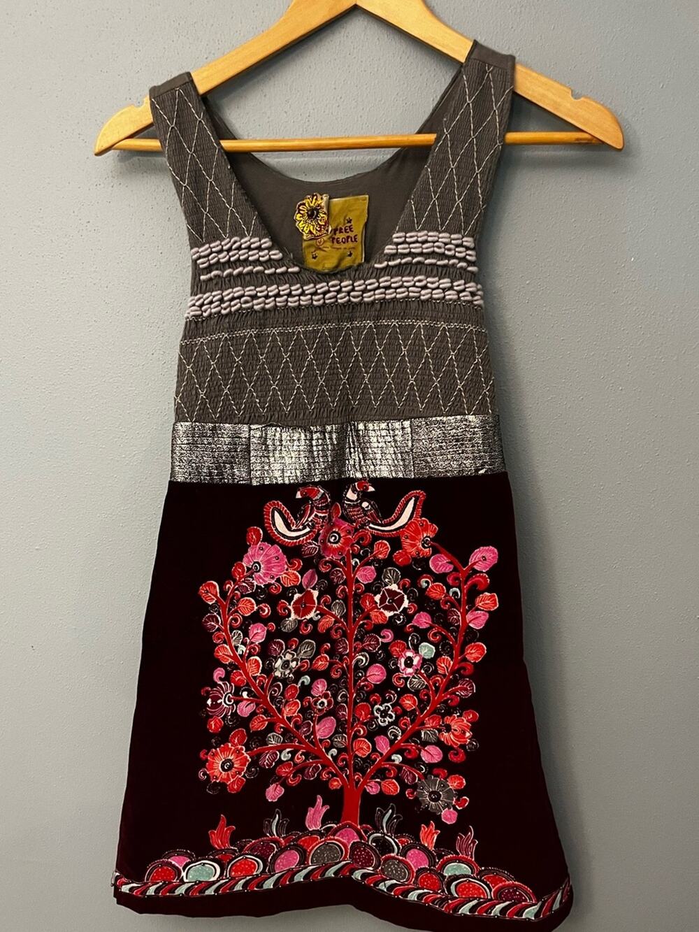 Free People Embroidered Pinafore Dress with Red Floral Motif